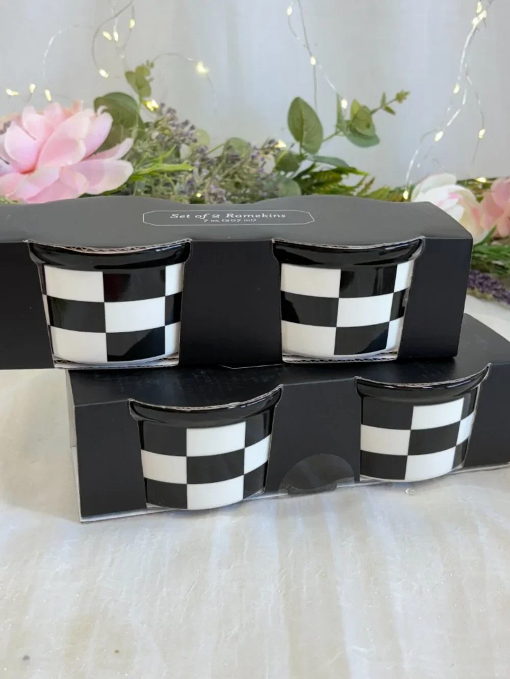 Black and White Checkered Ceramic Ramekins 7 oz Checkerboard Bowls Set of 4 New